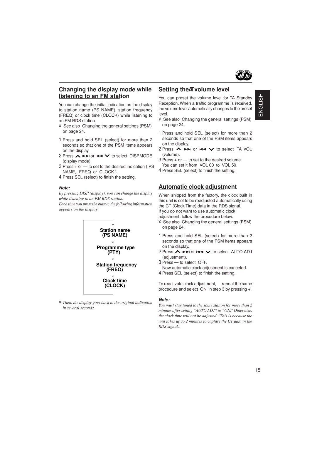 JVC KS-FX732R, KS-FX772R manual Setting the TA volume level, Automatic clock adjustment 