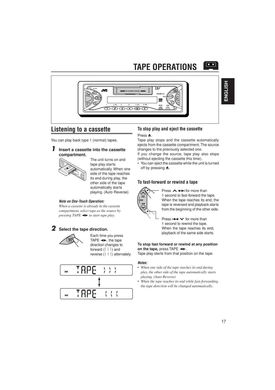 JVC KS-FX732R, KS-FX772R manual Tape Operations, Listening to a cassette, To stop play and eject the cassette 