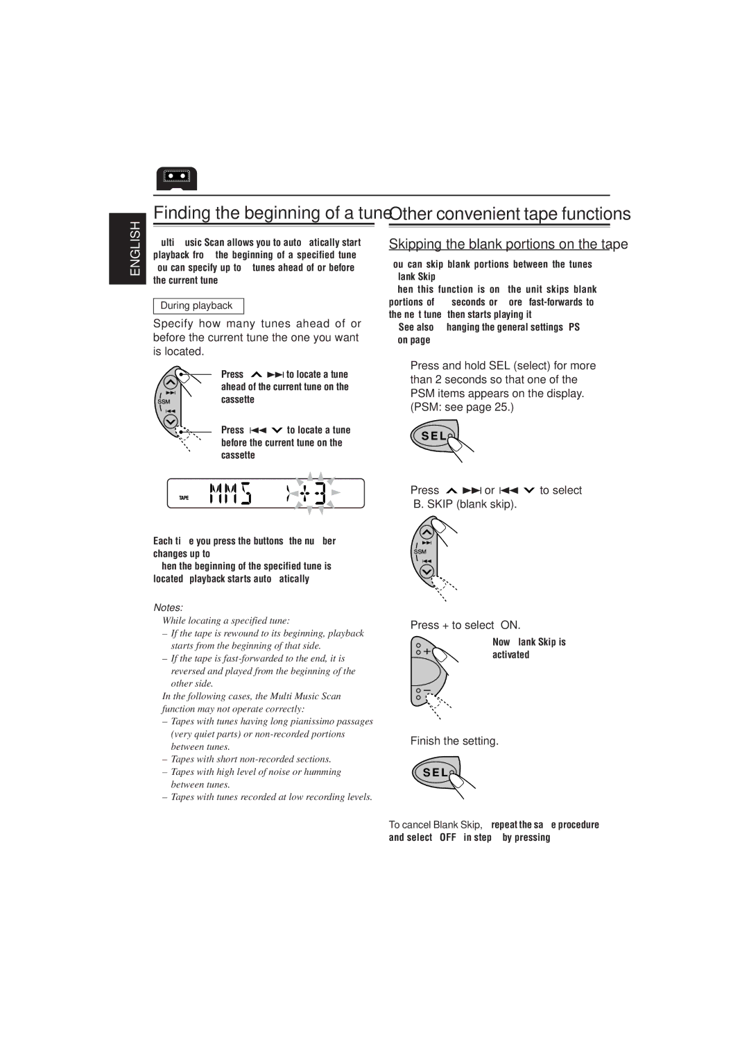 JVC KS-FX772R, KS-FX732R manual Skipping the blank portions on the tape, Press + to select on, During playback 