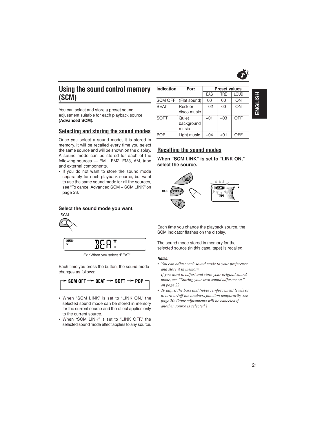 JVC KS-FX732R manual Using the sound control memory SCM, Recalling the sound modes, Selecting and storing the sound modes 