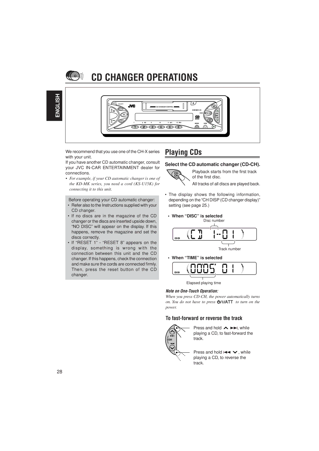 JVC KS-FX772R, KS-FX732R manual CD Changer Operations, Playing CDs, To fast-forward or reverse the track 