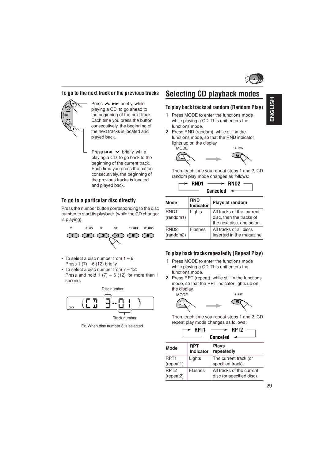 JVC KS-FX732R, KS-FX772R manual Selecting CD playback modes, To go to a particular disc directly, RND1 RND2, RPT1 RPT2 