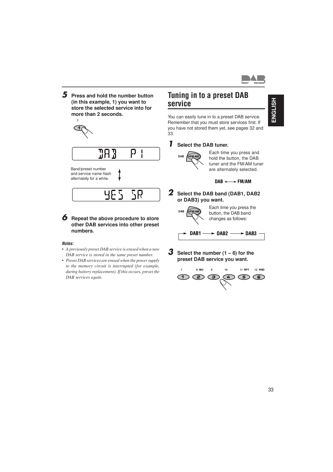 JVC KS-FX732R, KS-FX772R manual Tuning in to a preset DAB service, Select the DAB band DAB1, DAB2 or DAB3 you want 