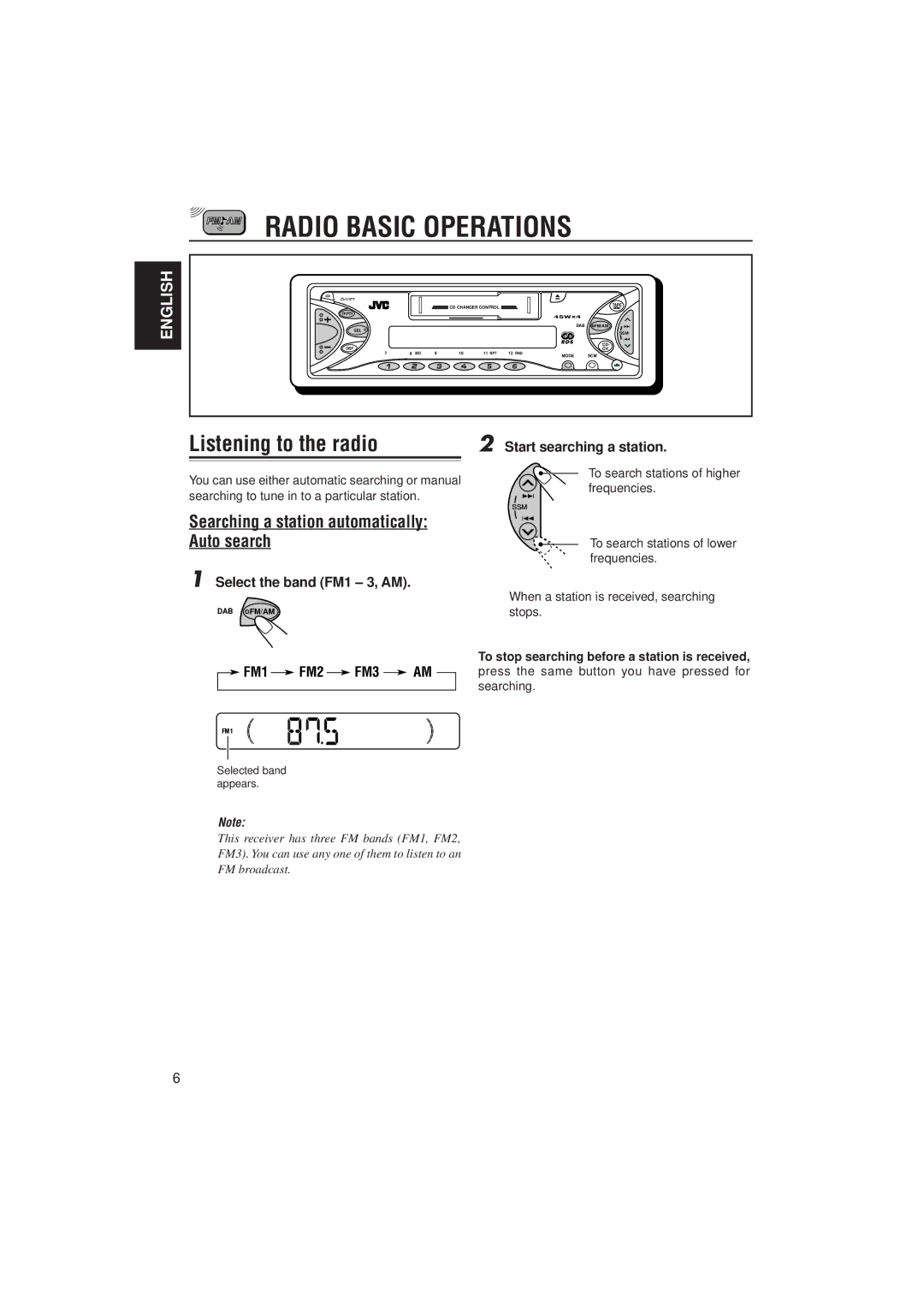 JVC KS-FX772R, KS-FX732R Radio Basic Operations, Listening to the radio, Searching a station automatically Auto search 