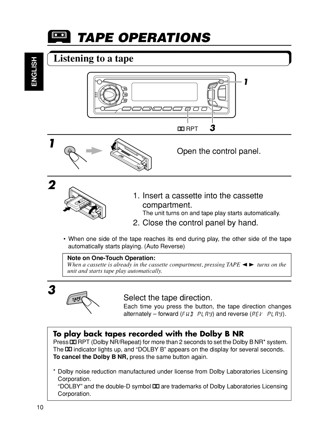 JVC KS-FX801, KS-FX901 Tape Operations, Listening to a tape, Close the control panel by hand, Select the tape direction 