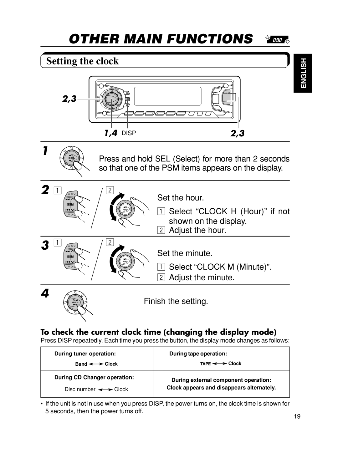 JVC KS-FX901 Other Main Functions, Setting the clock, Disp, To check the current clock time changing the display mode 