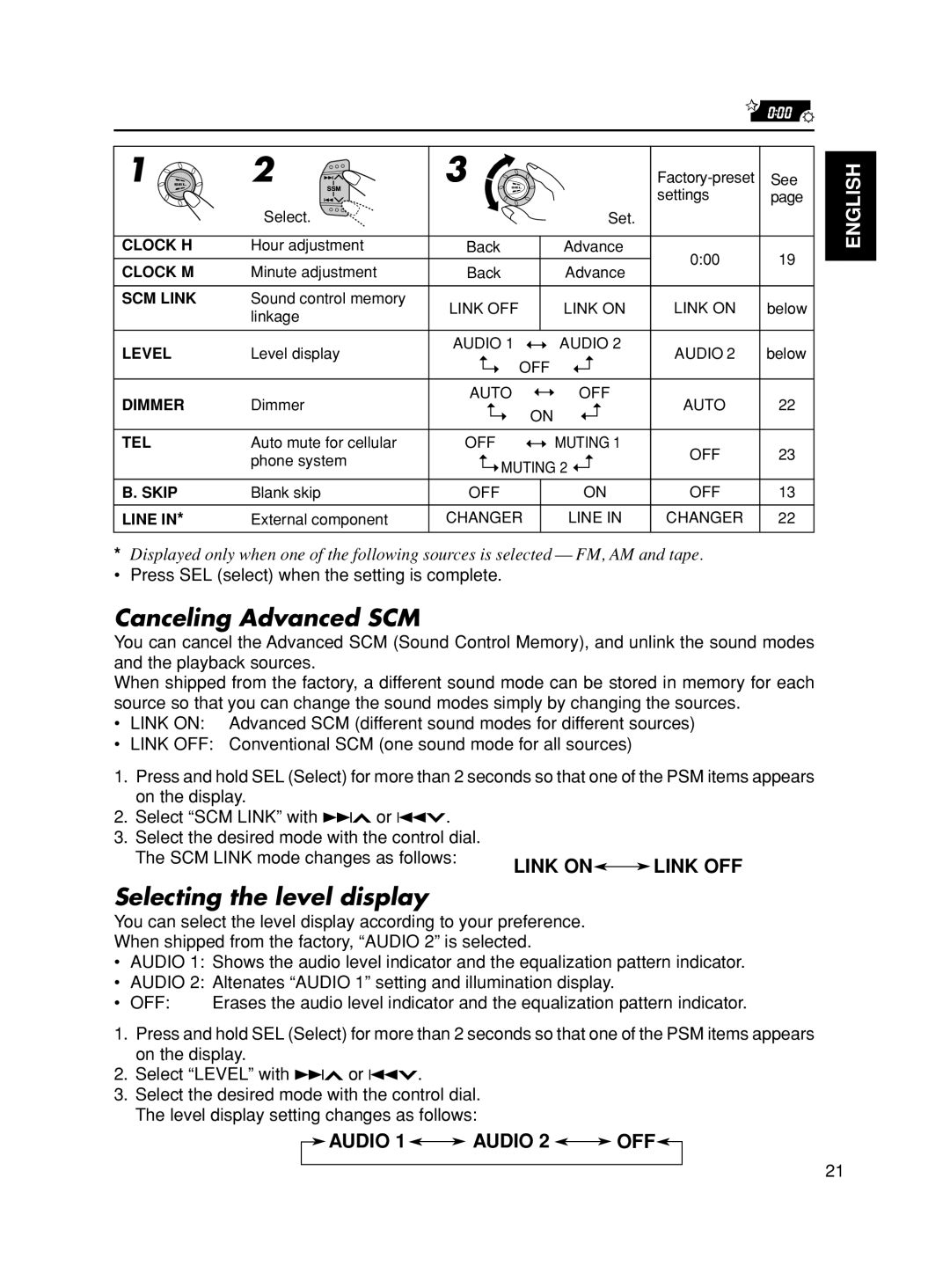 JVC KS-FX901, KS-FX801 manual Canceling Advanced SCM, Selecting the level display, SCM Link mode changes as follows 