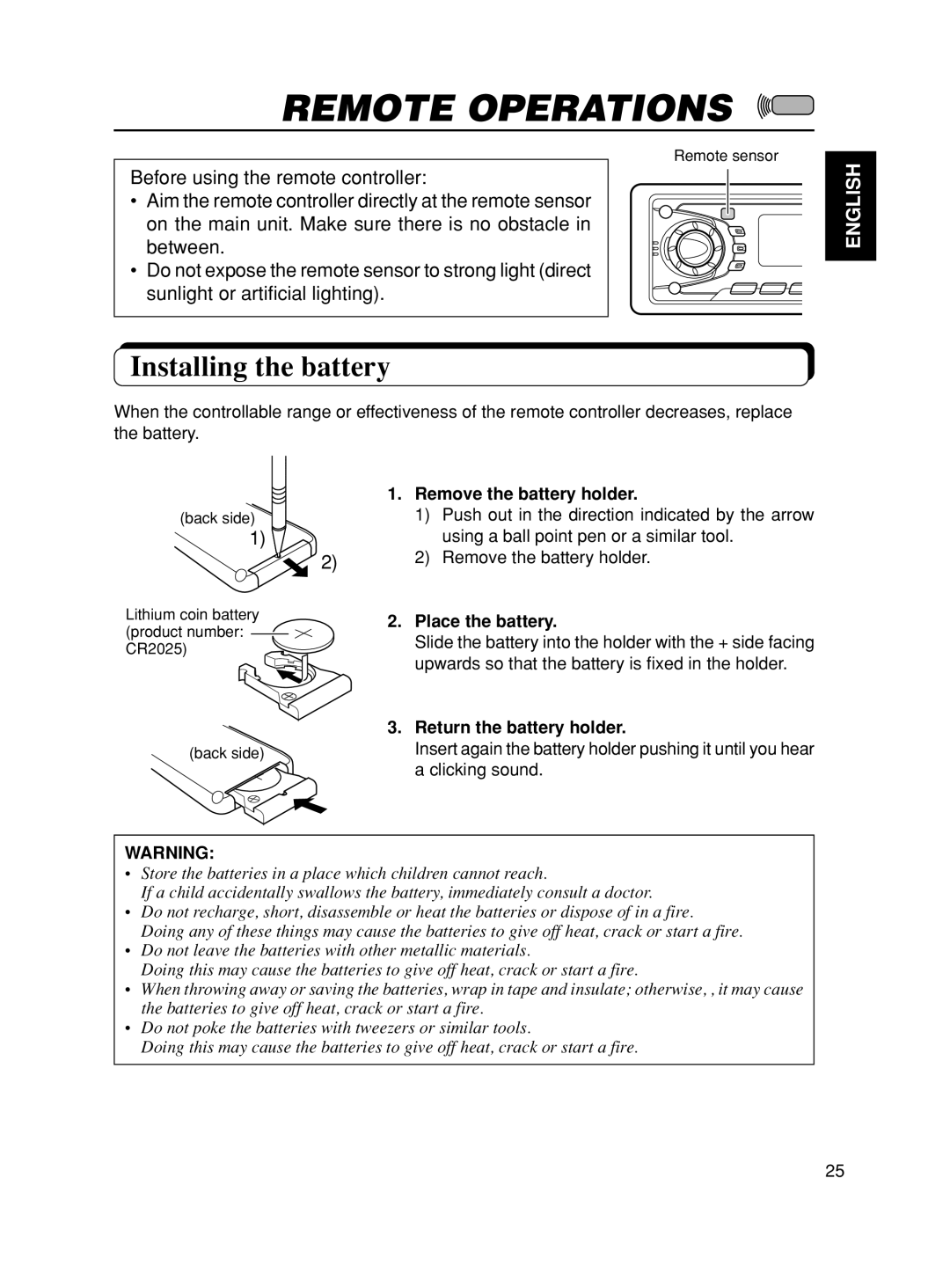 JVC KS-FX901, KS-FX801 manual Remote Operations, Installing the battery, Remove the battery holder, Place the battery 