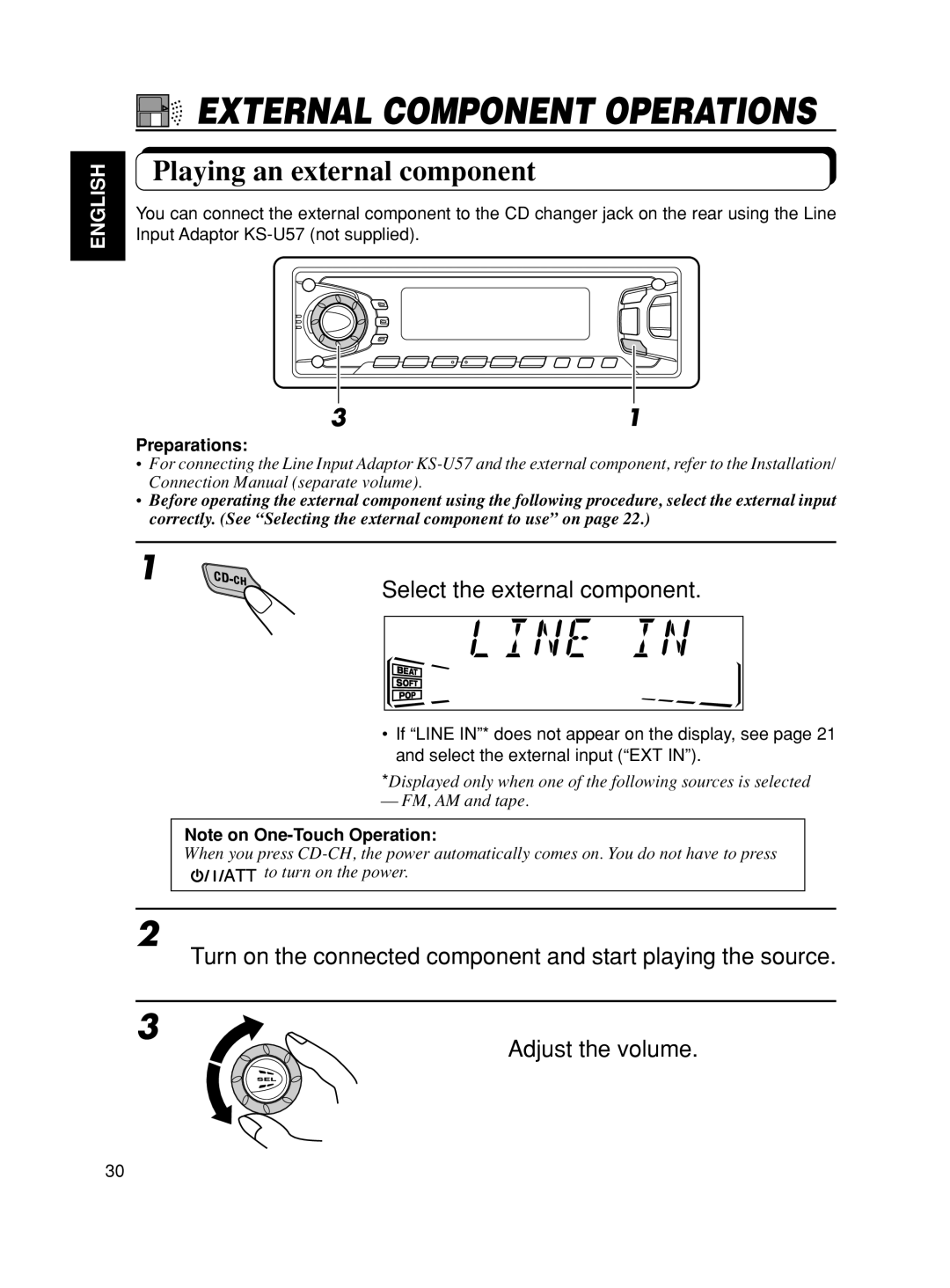 JVC KS-FX801, KS-FX901 manual Playing an external component, Select the external component, Preparations 