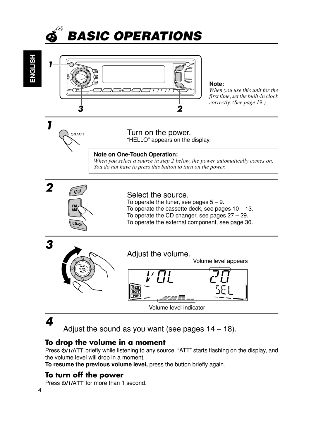 JVC KS-FX801, KS-FX901 manual Basic Operations, Turn on the power, Select the source, Adjust the volume 