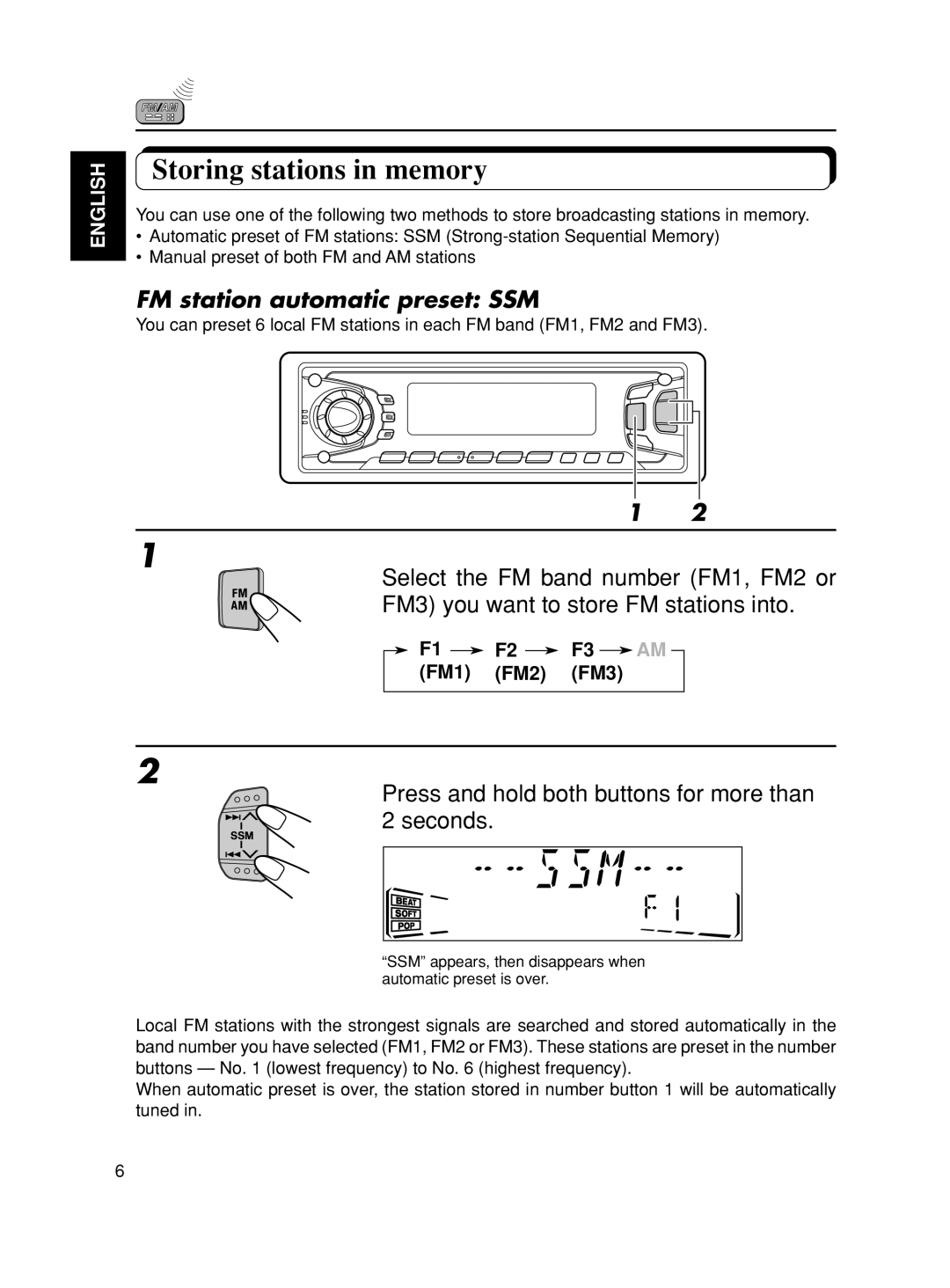 JVC KS-FX801, KS-FX901 manual Storing stations in memory, FM station automatic preset SSM 