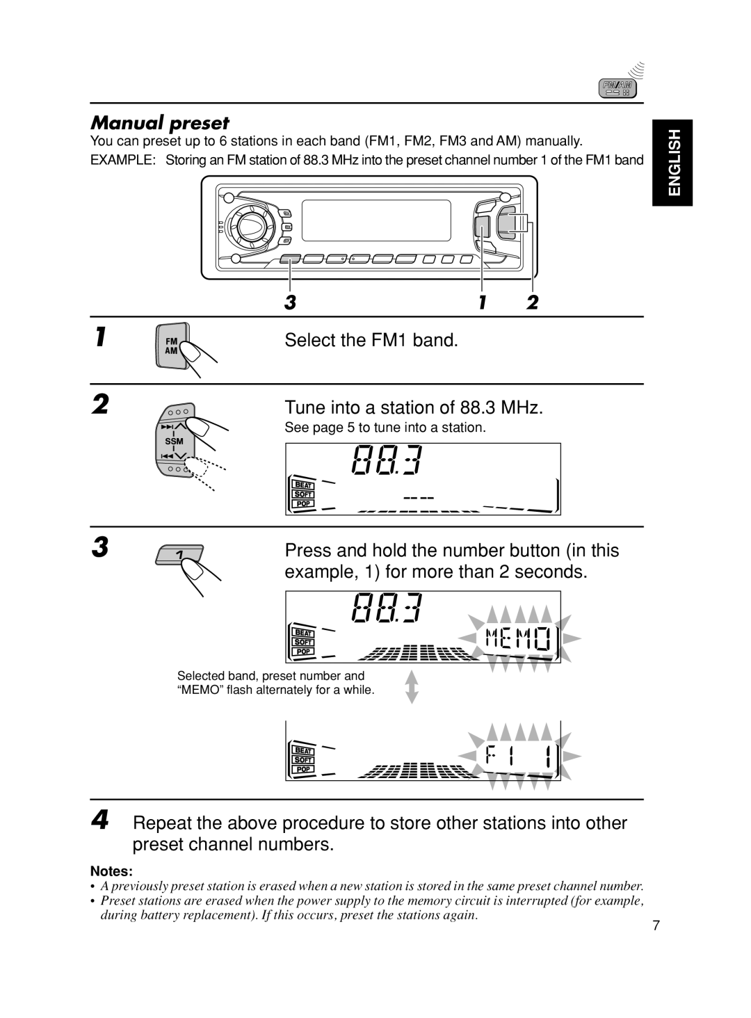 JVC KS-FX901, KS-FX801 manual Manual preset, Select the FM1 band Tune into a station of 88.3 MHz 