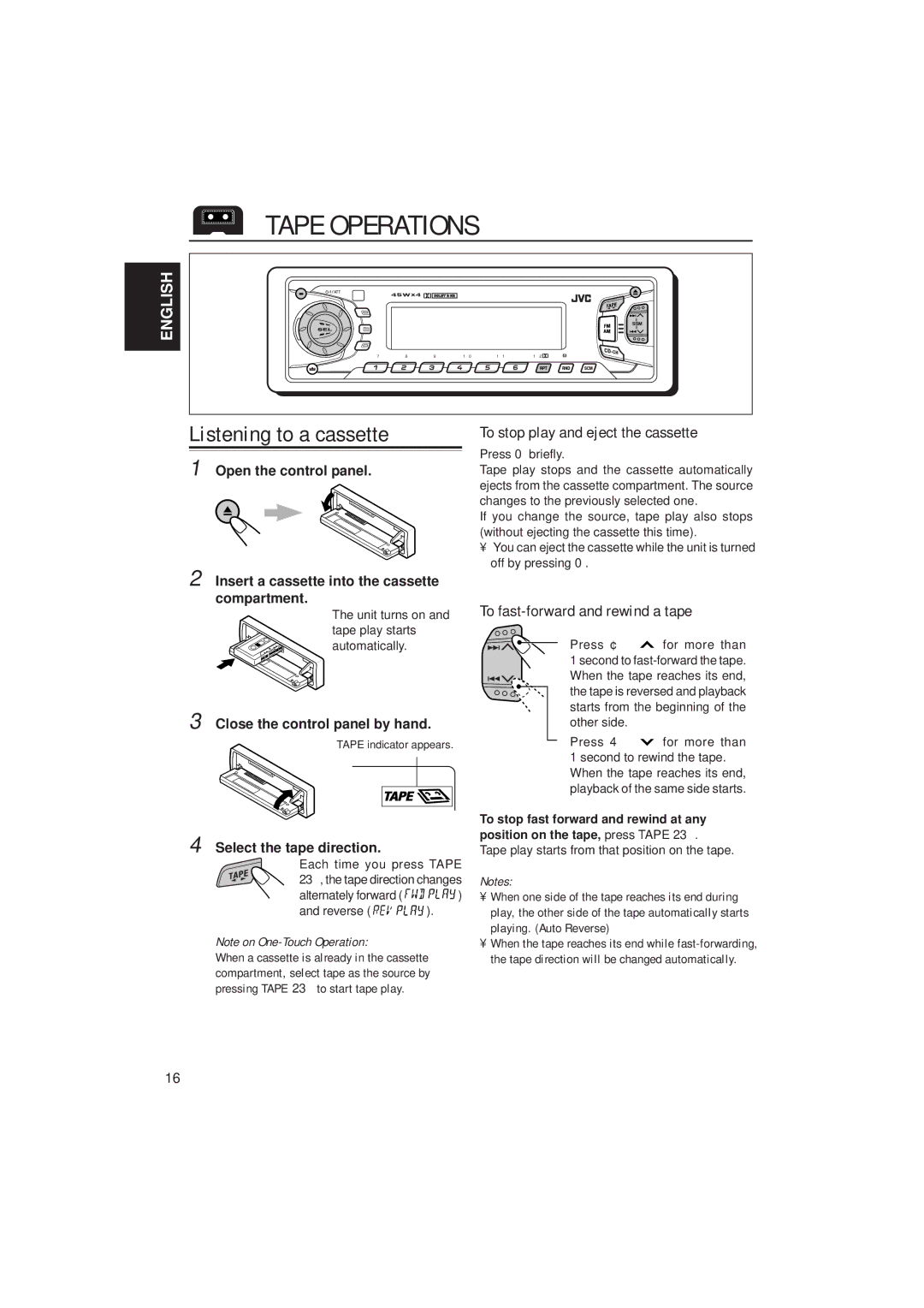 JVC KS-FX815, KS-FX915R manual Tape Operations, Listening to a cassette, To stop play and eject the cassette 