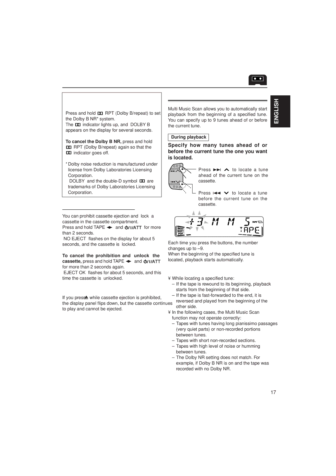 JVC KS-FX915R, KS-FX815 manual Prohibiting cassette ejection, Finding the beginning of a tune 