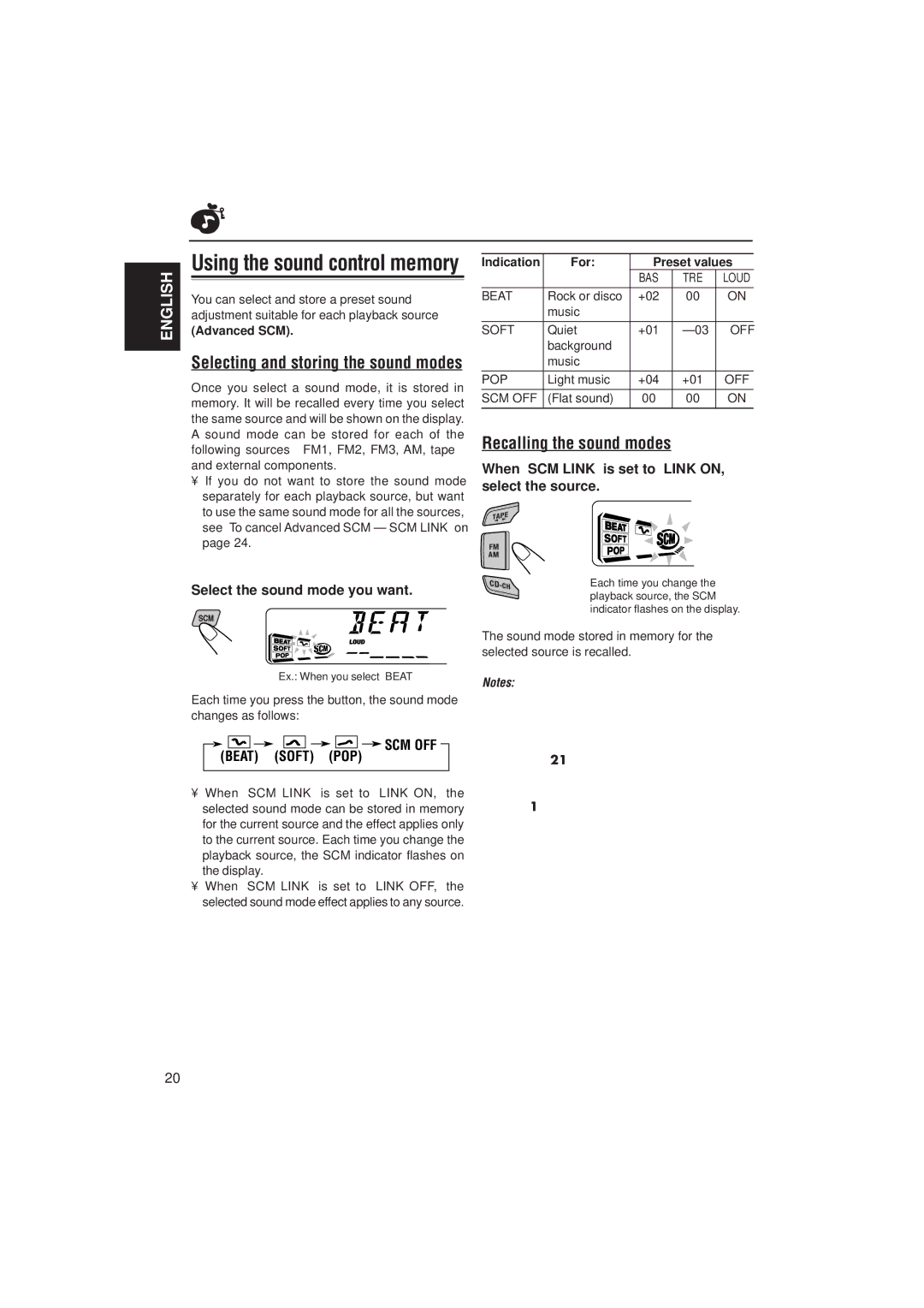 JVC KS-FX815, KS-FX915R Using the sound control memory, Recalling the sound modes, Selecting and storing the sound modes 