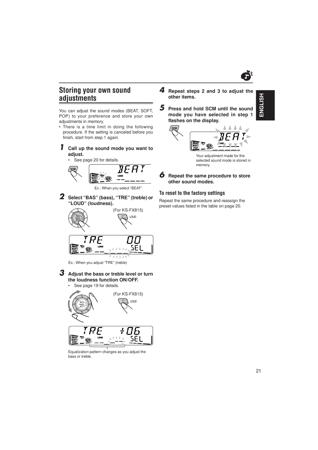 JVC KS-FX915R, KS-FX815 manual Storing your own sound adjustments, To reset to the factory settings 