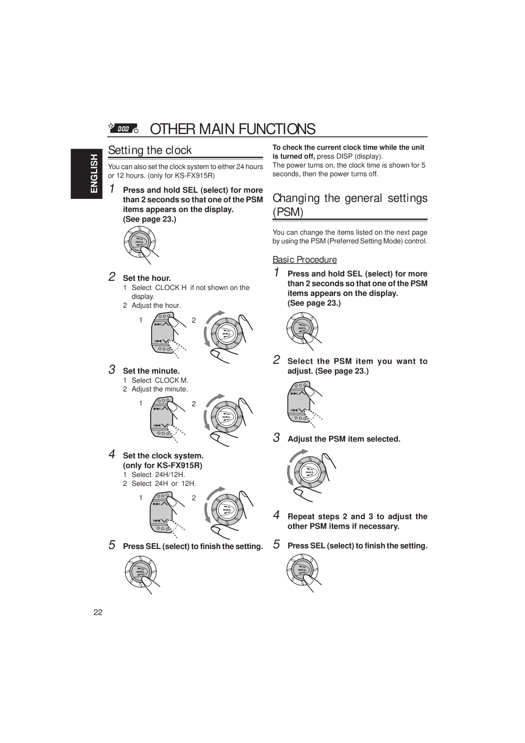 JVC KS-FX815, KS-FX915R manual Other Main Functions, Setting the clock, Changing the general settings PSM, Basic Procedure 