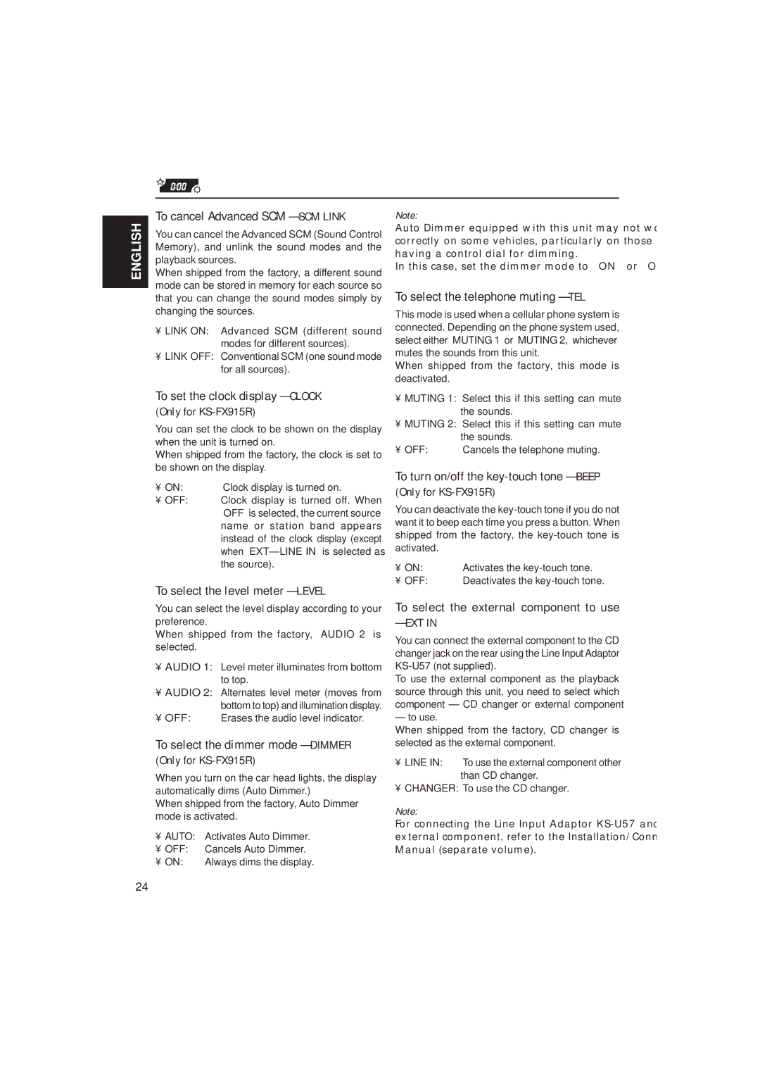 JVC KS-FX815, KS-FX915R To cancel Advanced SCM SCM Link, To set the clock display Clock, To select the level meter Level 