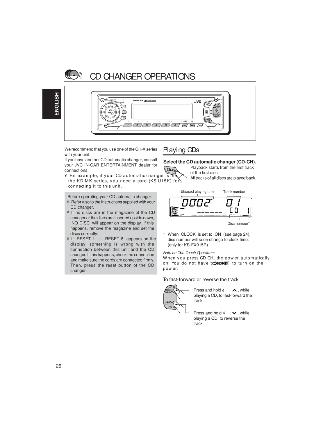 JVC KS-FX815, KS-FX915R manual CD Changer Operations, Playing CDs, To fast-forward or reverse the track 