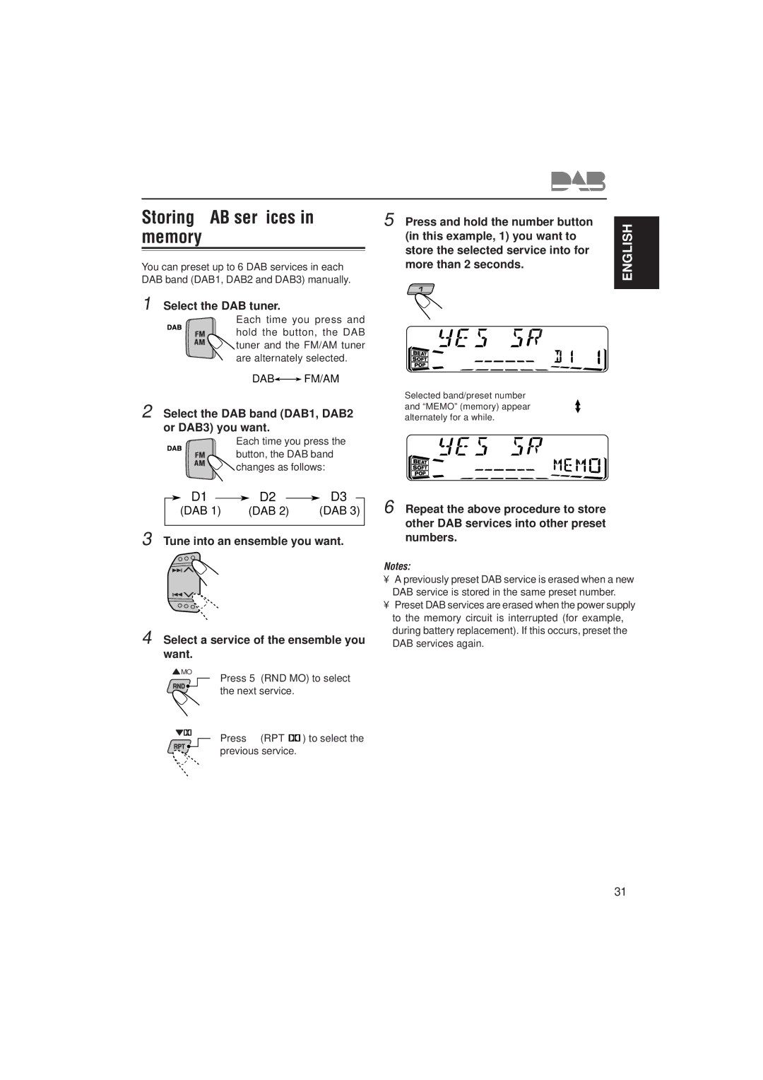 JVC KS-FX915R, KS-FX815 manual Storing DAB services in memory, Select the DAB band DAB1, DAB2 or DAB3 you want 