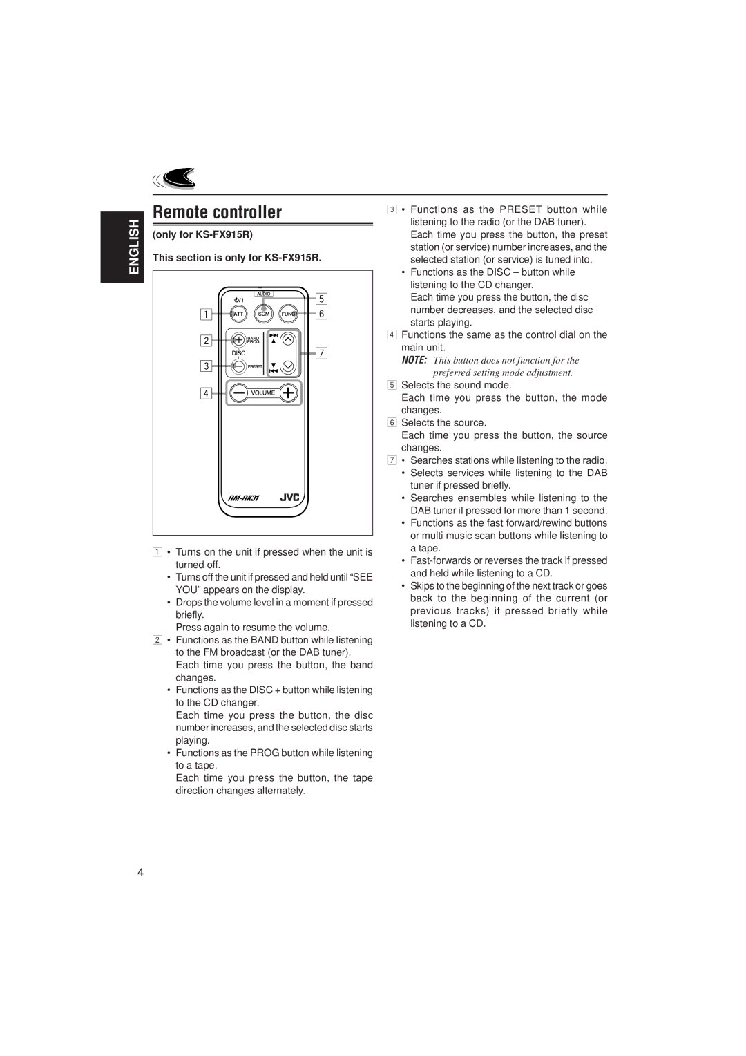 JVC KS-FX815 manual Remote controller, Only for KS-FX915R This section is only for KS-FX915R 