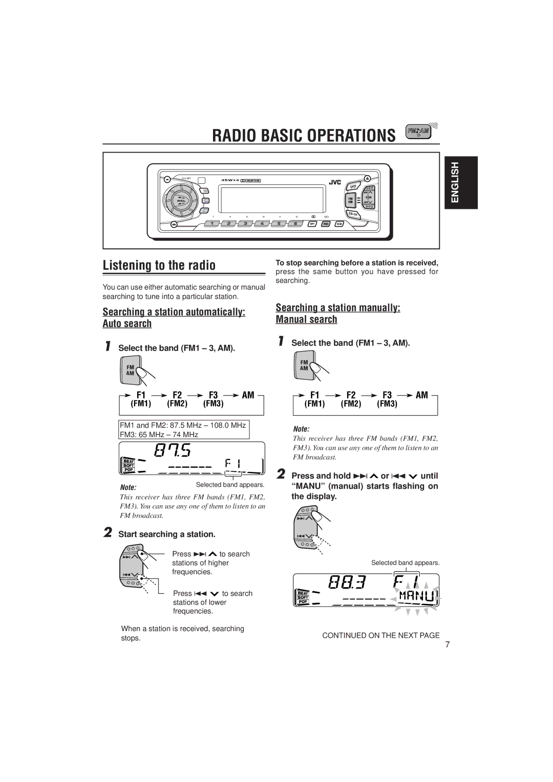 JVC KS-FX915R Radio Basic Operations, Listening to the radio, Searching a station manually, Manual search, Auto search 