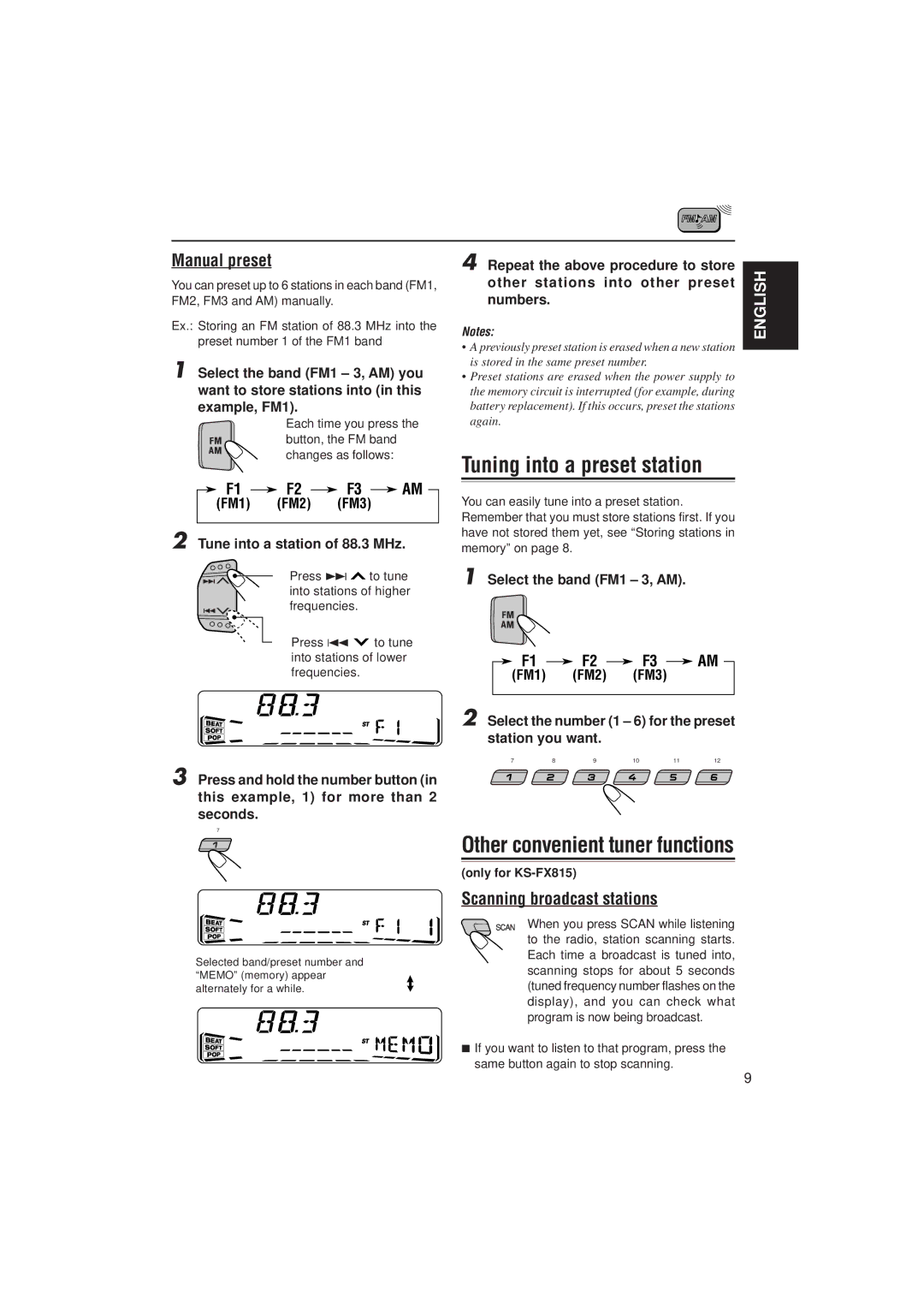 JVC KS-FX915R Tuning into a preset station, Other convenient tuner functions, Manual preset, Scanning broadcast stations 