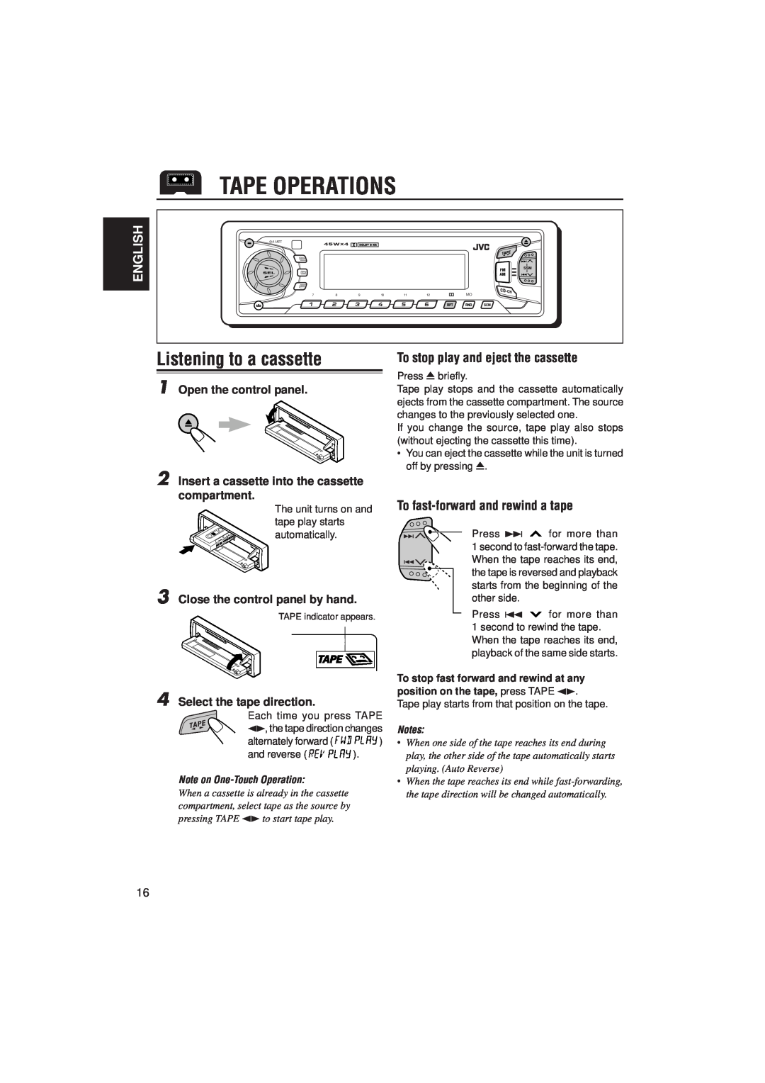 JVC KS-FX815 manual Tape Operations, Listening to a cassette, To stop play and eject the cassette, Open the control panel 