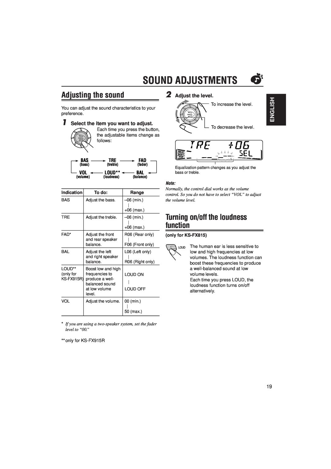 JVC KS-FX915R Sound Adjustments, Adjusting the sound, Turning on/off the loudness function, Adjust the level, English 