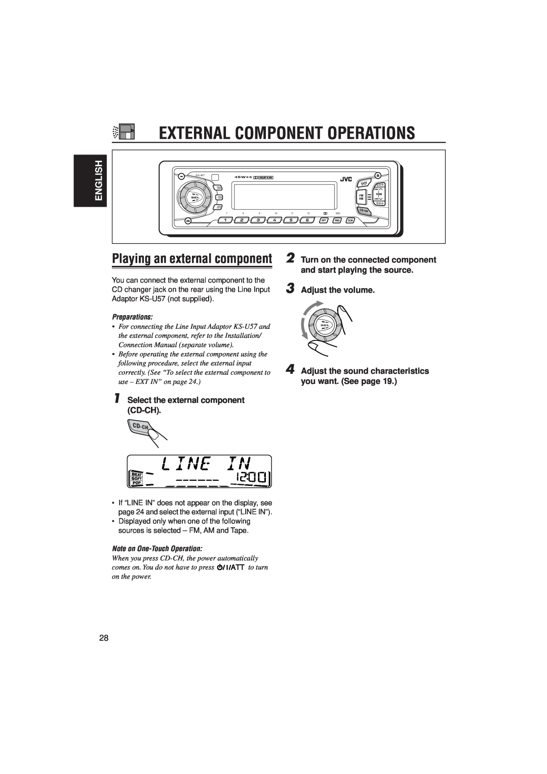 JVC KS-FX815 External Component Operations, Playing an external component, Select the external component CD-CH, English 