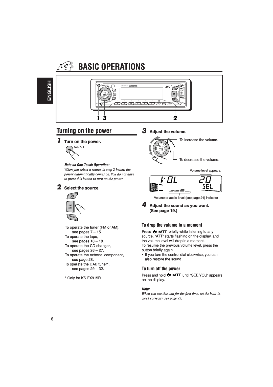 JVC KS-FX815 manual Basic Operations, Turning on the power, To drop the volume in a moment, To turn off the power, English 