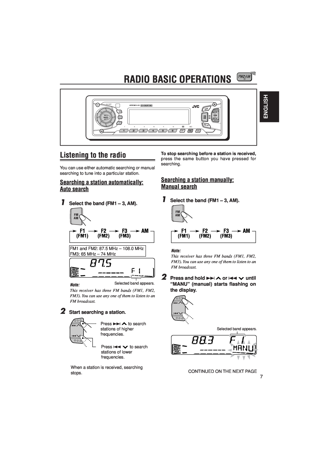 JVC KS-FX915R Radio Basic Operations, Listening to the radio, Searching a station manually, Manual search, Auto search 