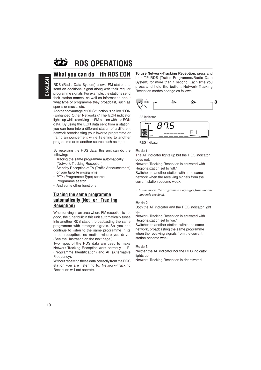 JVC KS-FX822R manual RDS Operations, Mode 