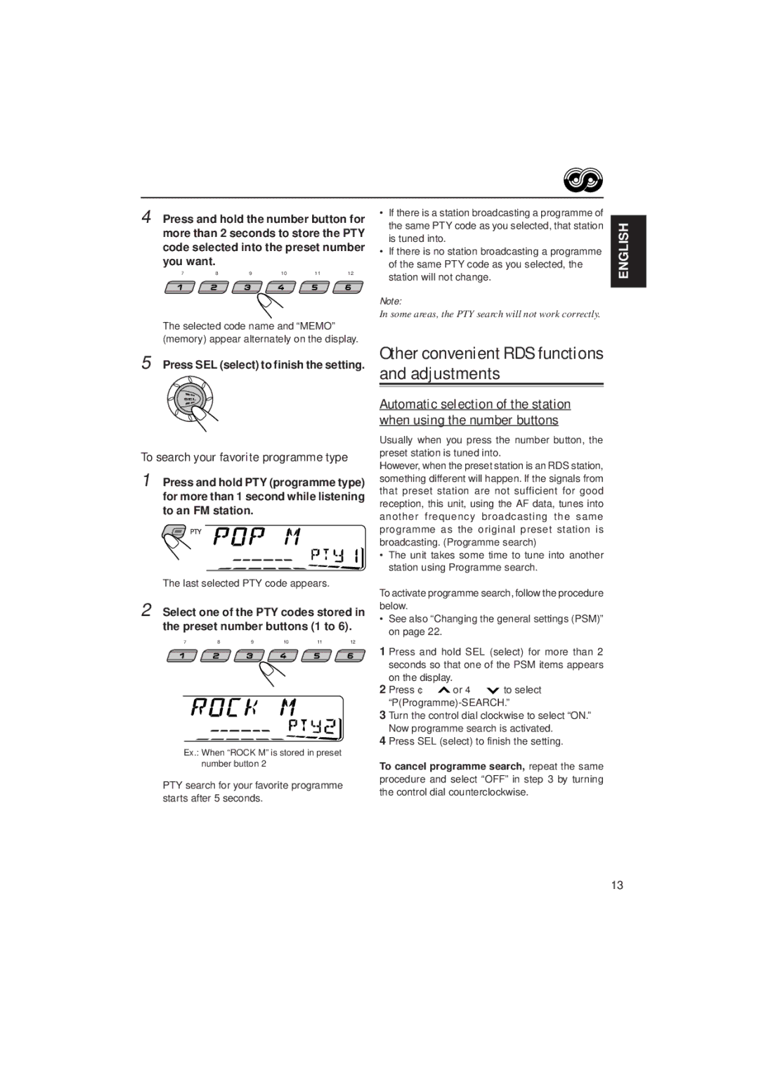 JVC KS-FX822R manual Other convenient RDS functions and adjustments, Last selected PTY code appears 