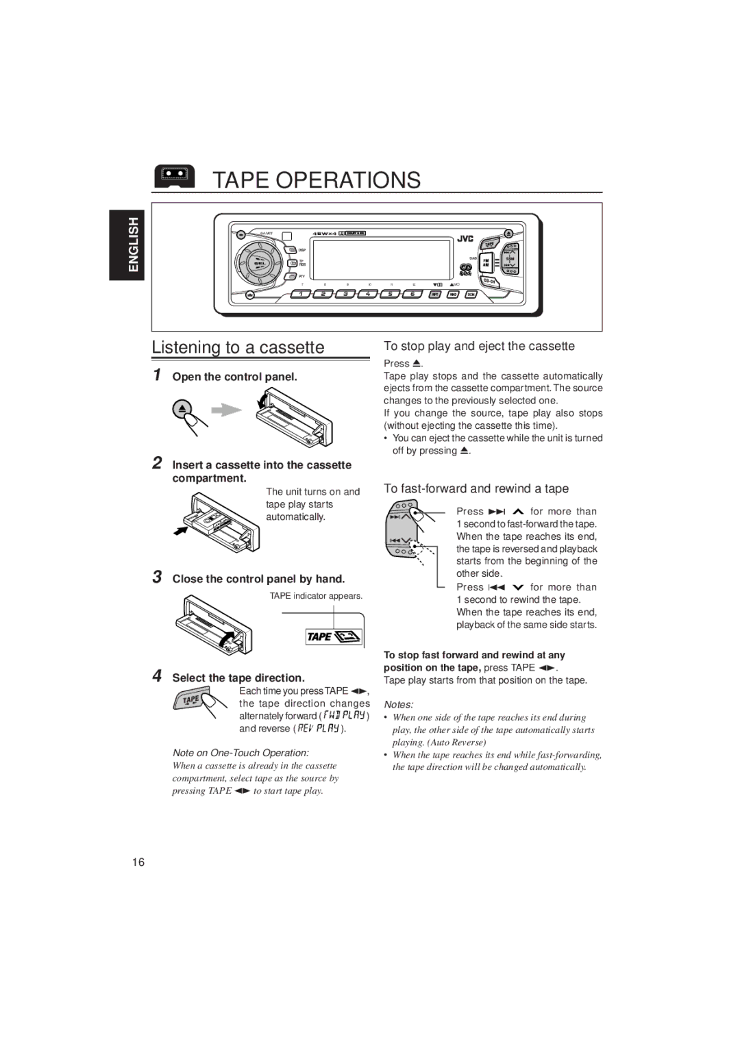 JVC KS-FX822R manual Tape Operations, Listening to a cassette, To stop play and eject the cassette 