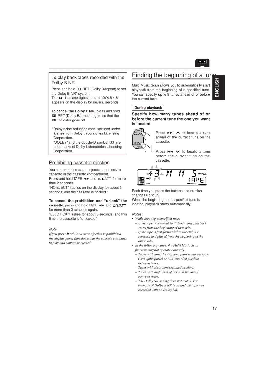 JVC KS-FX822R manual Prohibiting cassette ejection, Finding the beginning of a tune 