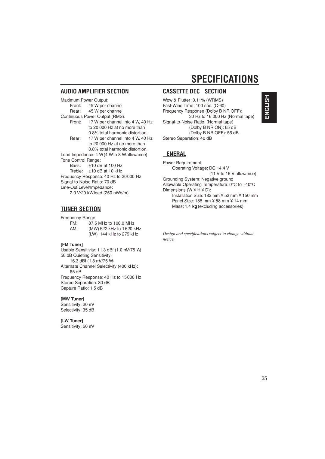 JVC KS-FX822R manual Specifications, FM Tuner, MW Tuner, LW Tuner 