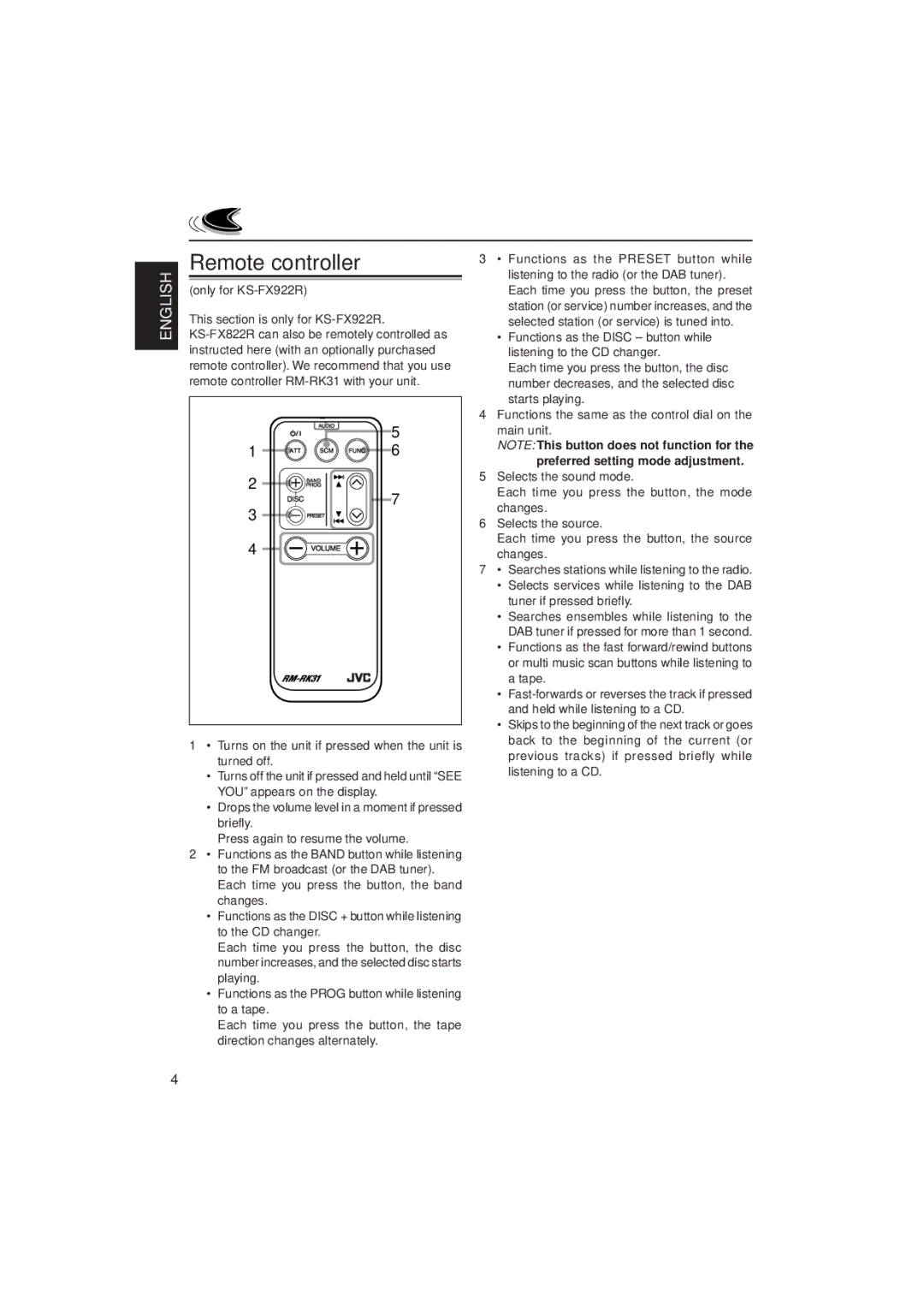 JVC KS-FX822R manual Remote controller, Only for KS-FX922R This section is only for KS-FX922R 