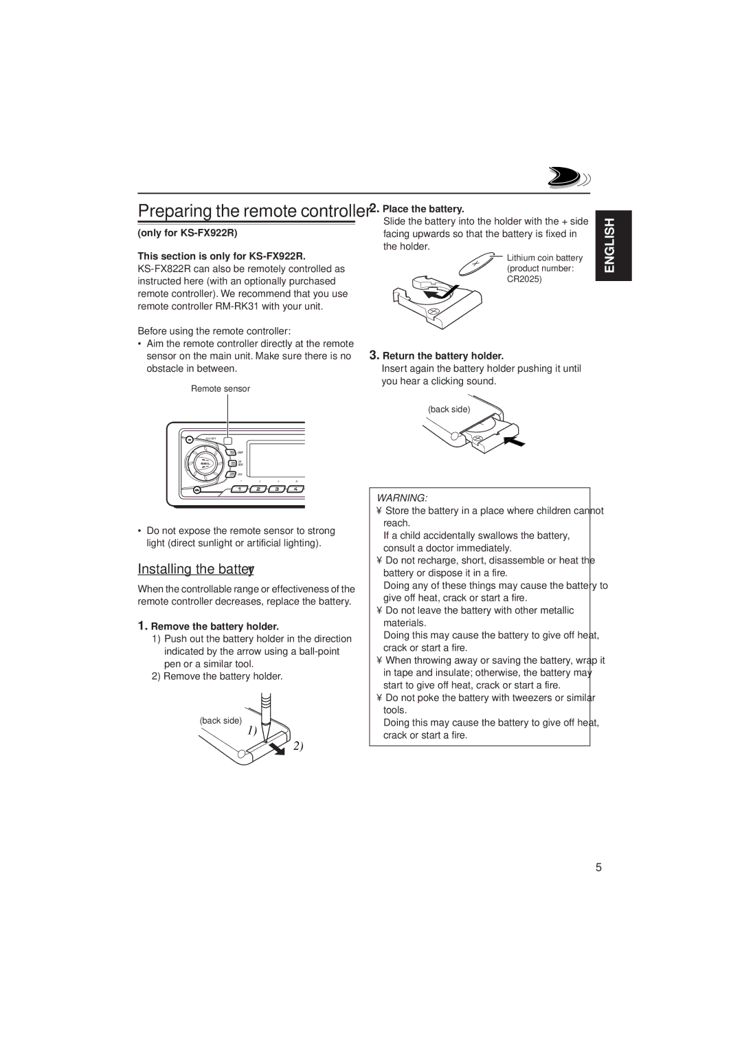 JVC KS-FX822R manual Installing the battery, Remove the battery holder, Place the battery, Return the battery holder 