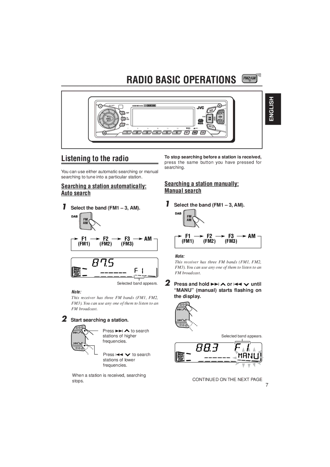 JVC KS-FX822R manual Radio Basic Operations, Listening to the radio, F1 F2 F3 AM 