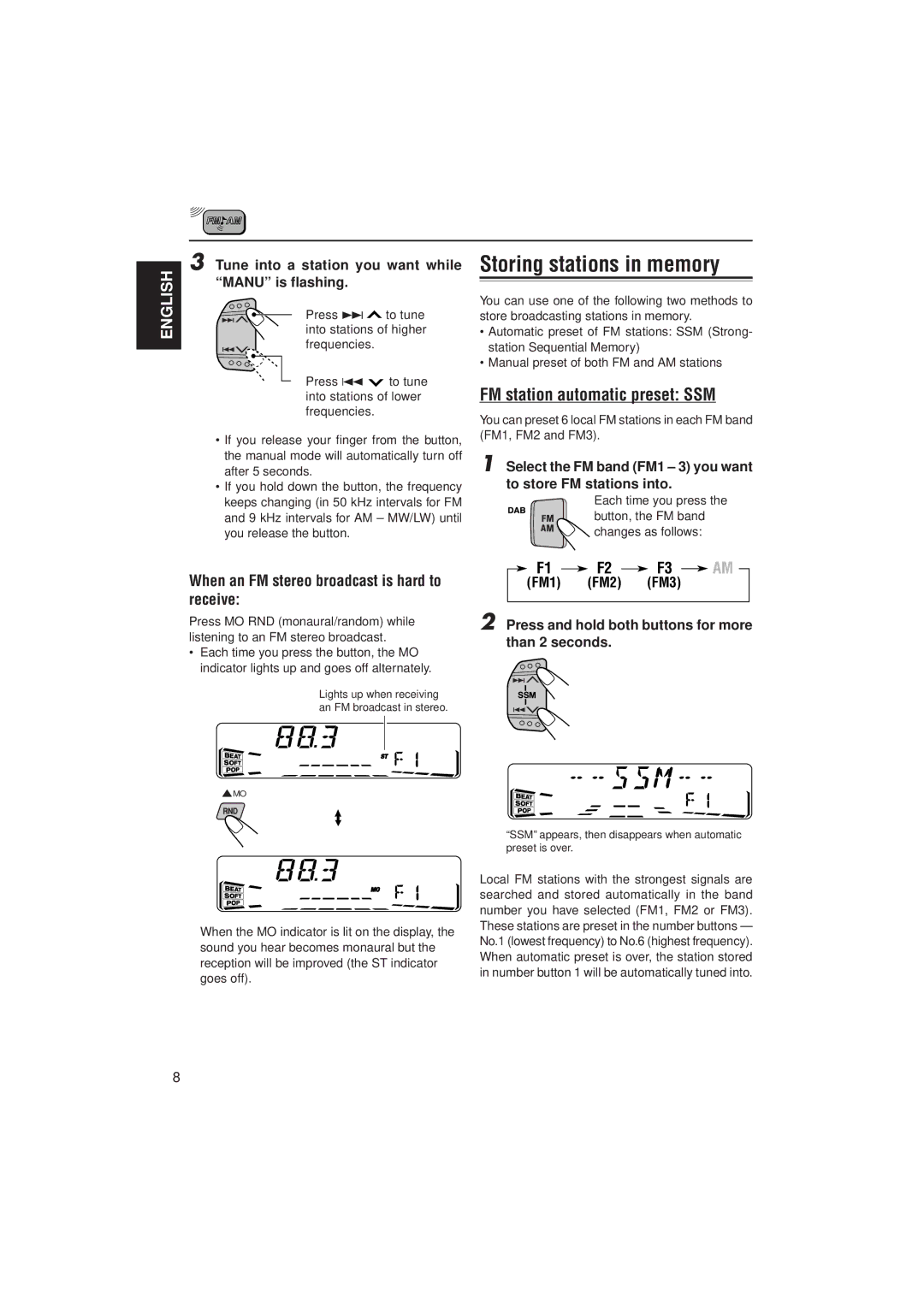 JVC KS-FX822R manual Storing stations in memory, FM station automatic preset SSM, Receive 