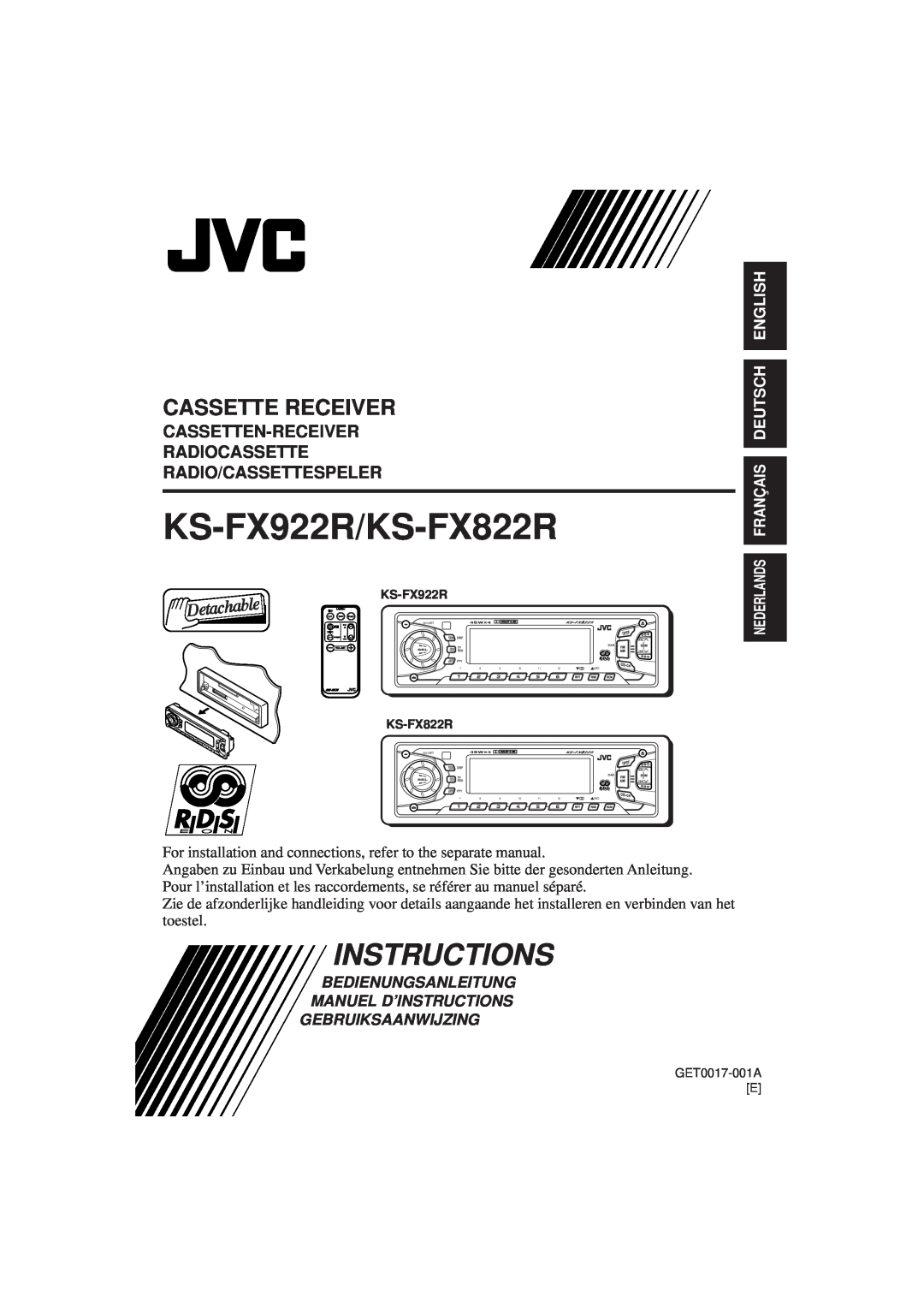 JVC manual Cassette Receiver, Cassetten-Receiver Radiocassette, Radio/Cassettespeler, KS-FX922R/KS-FX822R, Instructions 