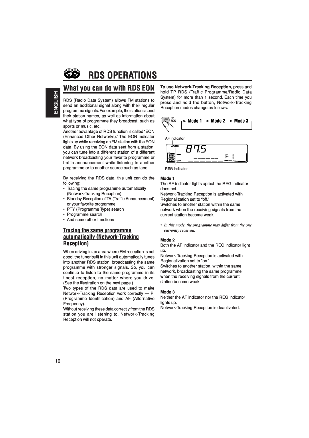 JVC KS-FX822R manual Rds Operations, What you can do with RDS EON, English, Mode 