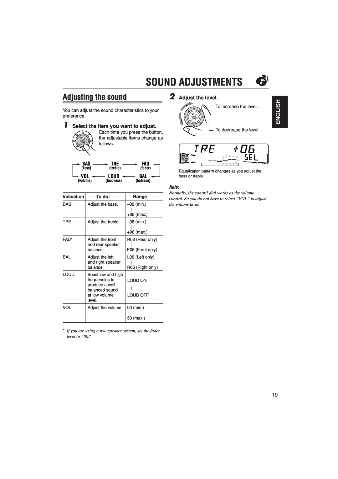 JVC KS-FX822R manual Sound Adjustments, Adjusting the sound, English, Adjust the level, Select the item you want to adjust 