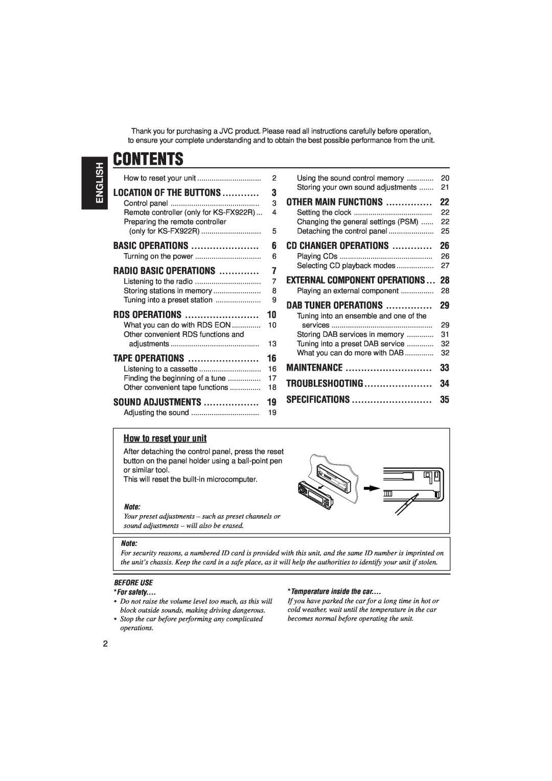 JVC KS-FX822R manual Contents, English 