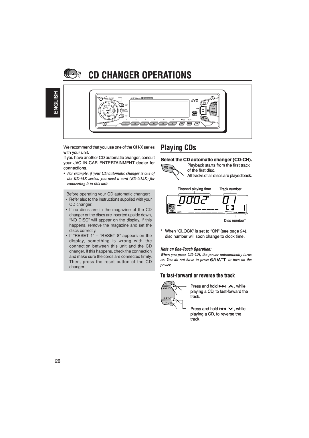 JVC KS-FX822R manual Cd Changer Operations, Playing CDs, English, Select the CD automatic changer CD-CH 