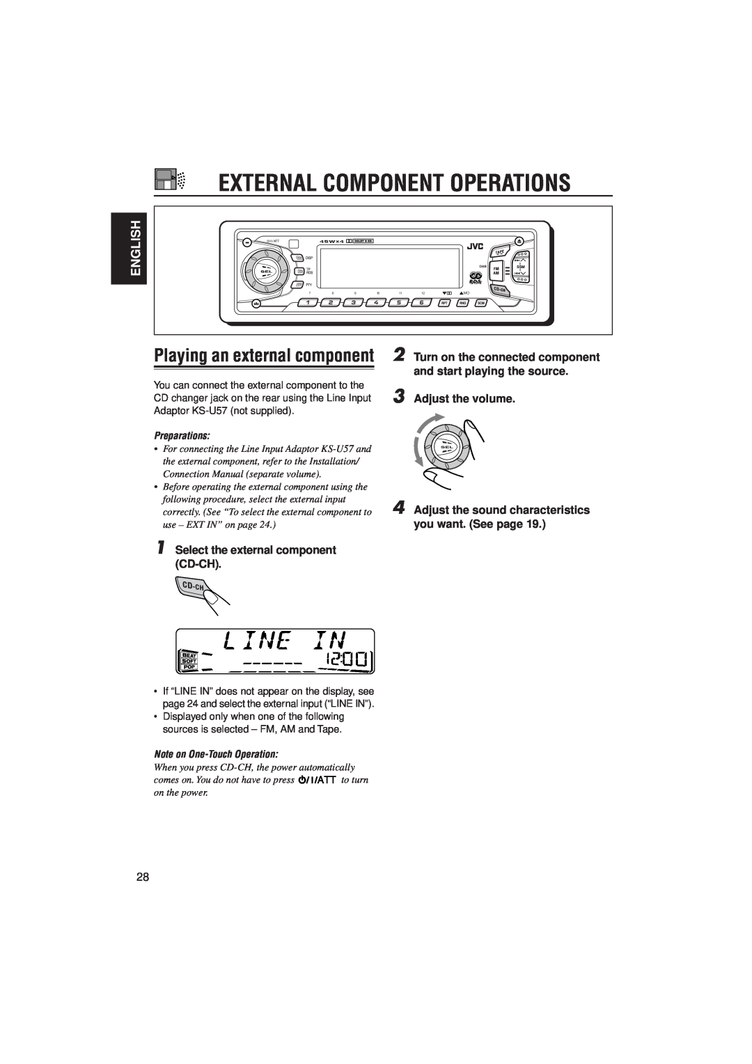 JVC KS-FX822R Playing an external component, External Component Operations, English, Select the external component CD-CH 