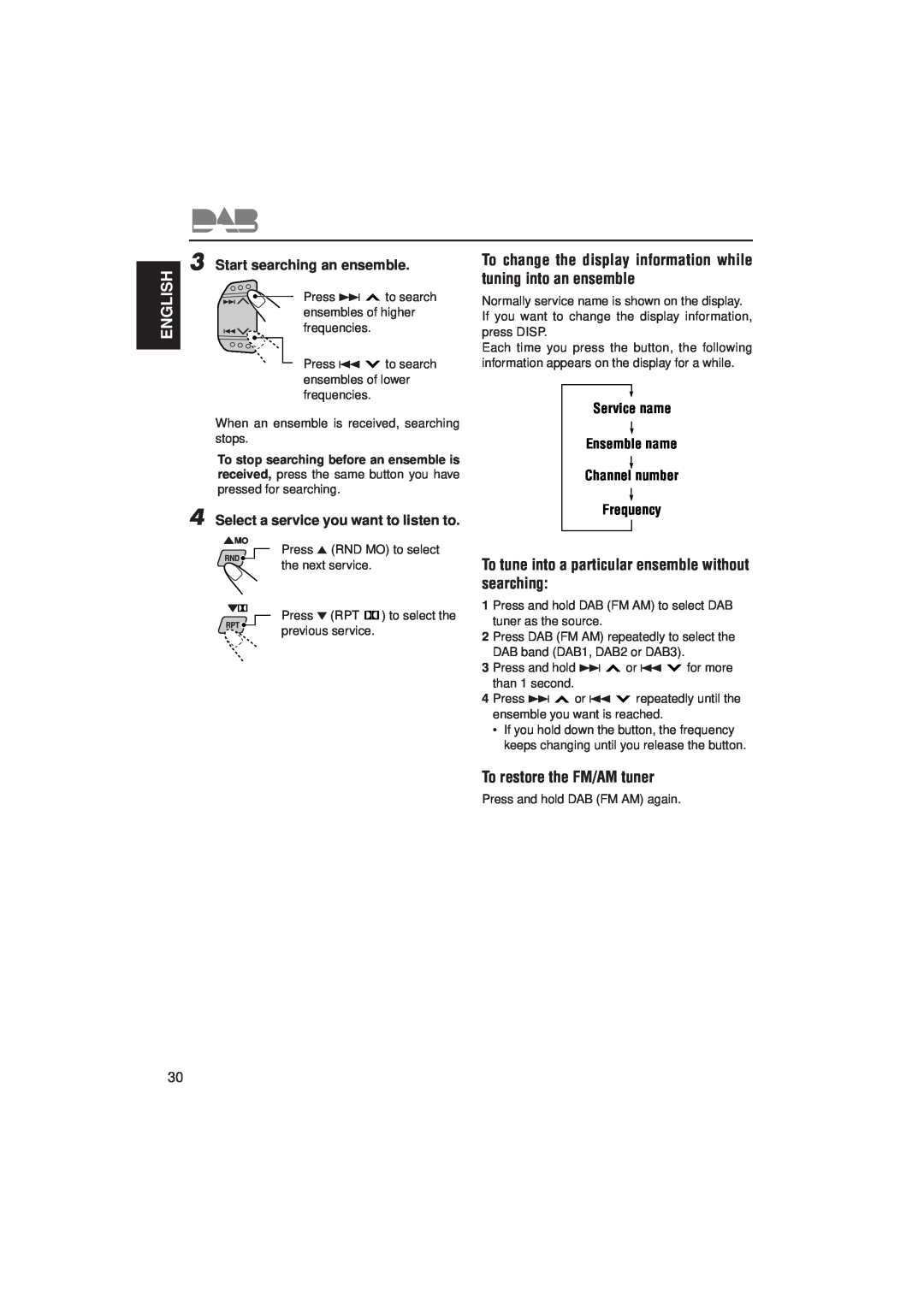 JVC KS-FX822R manual English, To restore the FM/AM tuner 