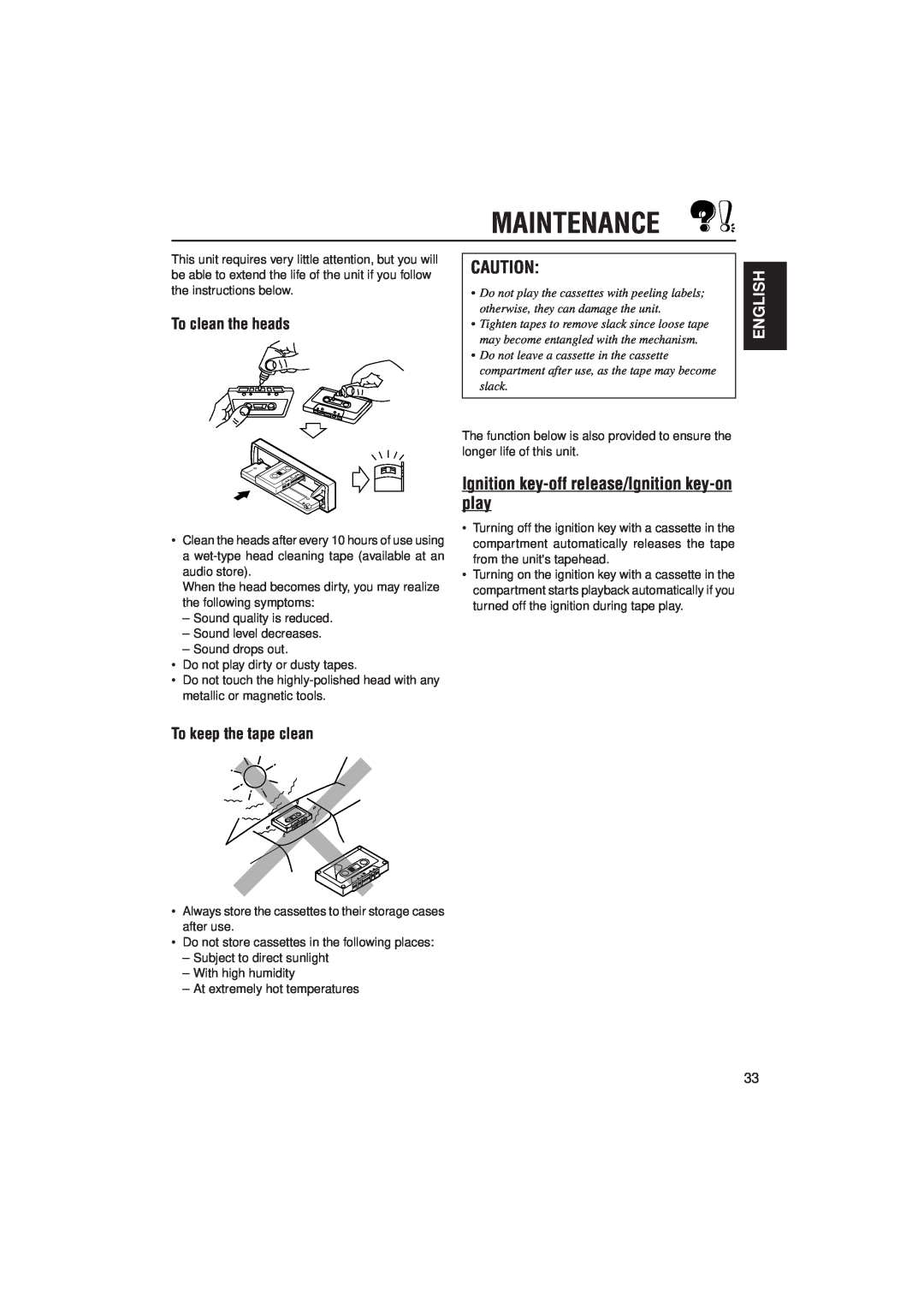JVC KS-FX822R manual Maintenance, Ignition key-offrelease/Ignition key-onplay, English 