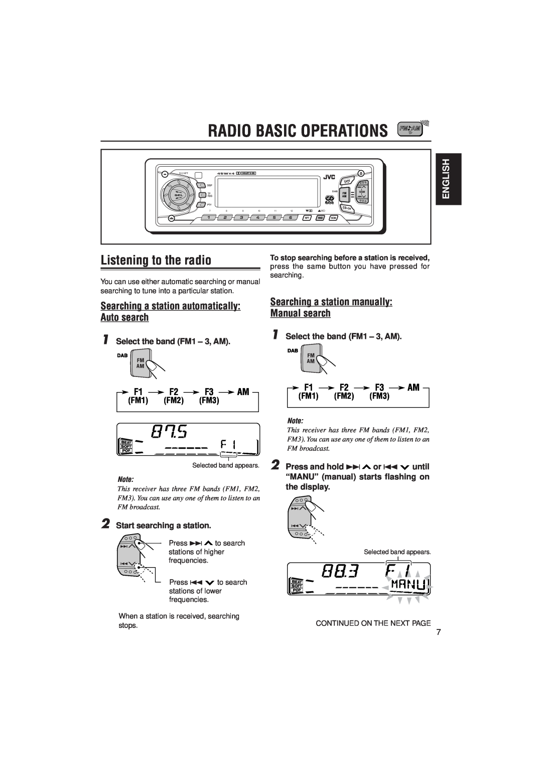 JVC KS-FX822R Radio Basic Operations, Listening to the radio, Searching a station automatically, Manual search, English 